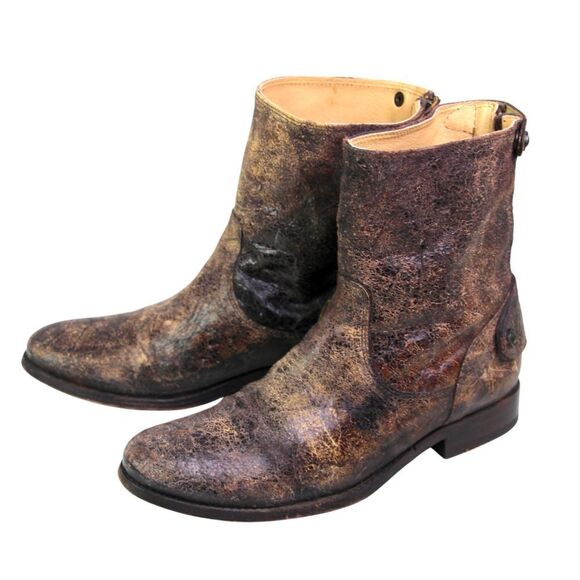 Frye BRONZE BROWN GENUINE LEATHER LOW HEEL ROUND TOE ZIP BACKSIDE BOOTS Sz 9B - Picture 3 of 13